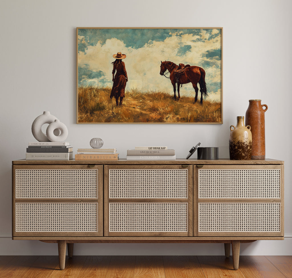 Cowgirl and Horse Under Big Sky