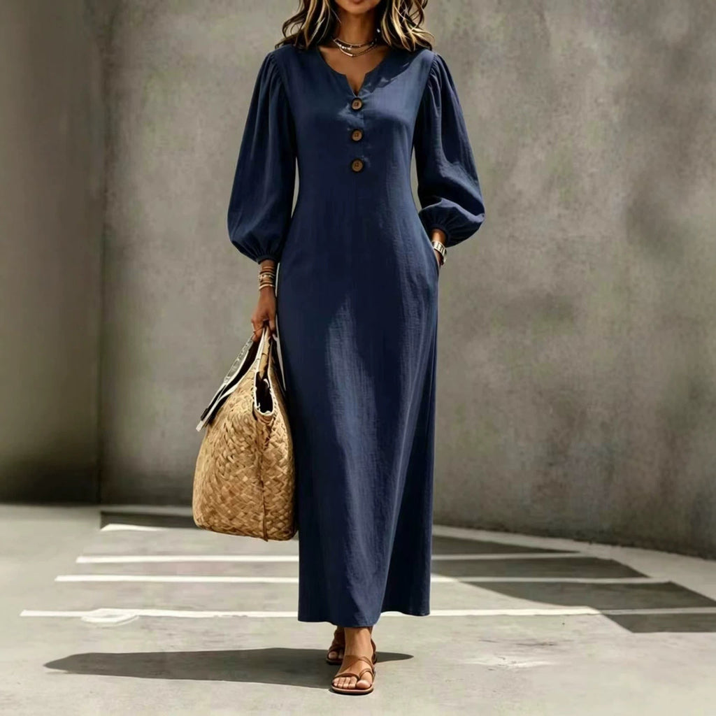 Women’s V-Neck Puff Sleeve A-Line Maxi Dress – Casual Elegant