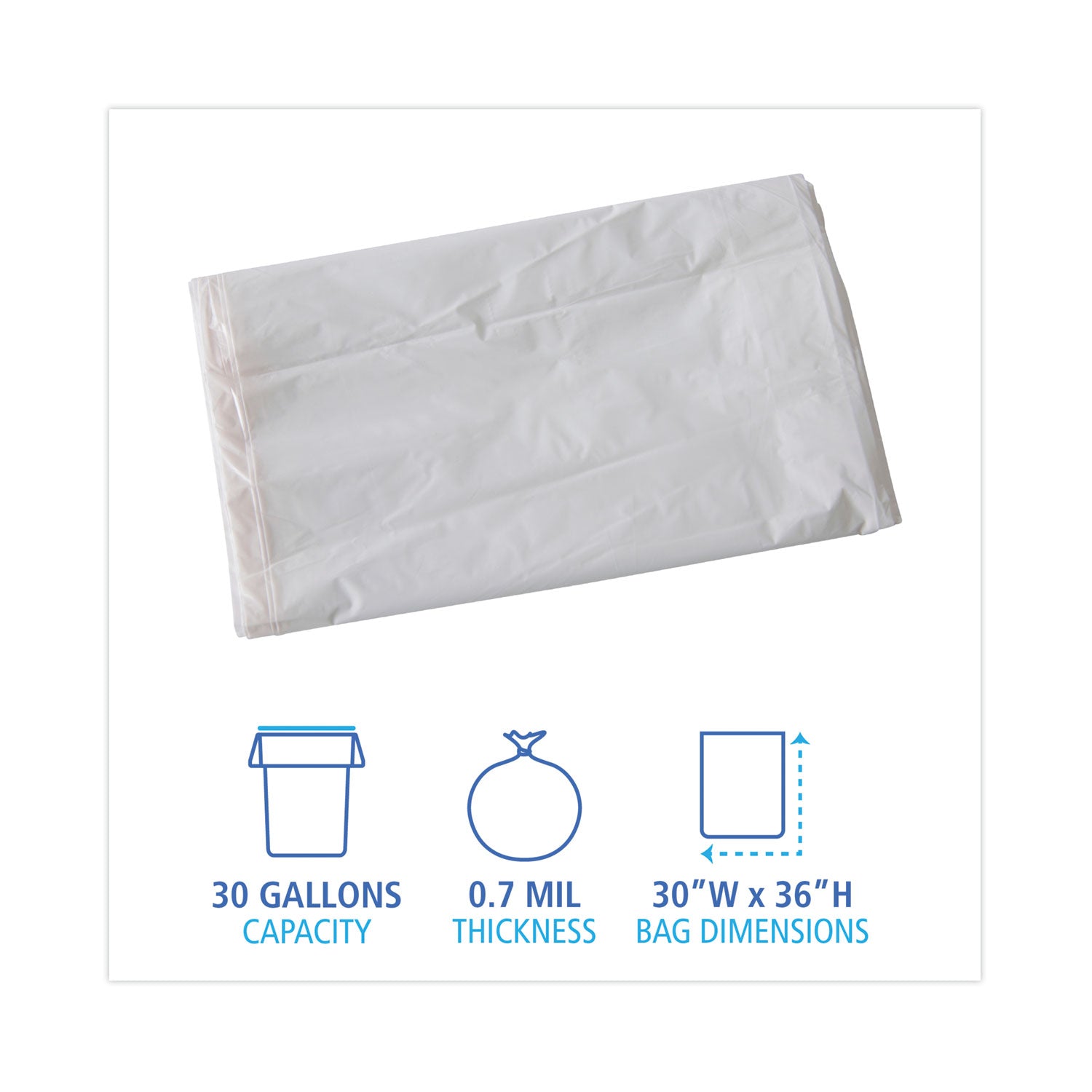 Boardwalk Linear Low Density Industrial Can Liners, 30 gal, 0.7 mil, 30 x 36, White, 200/Carton