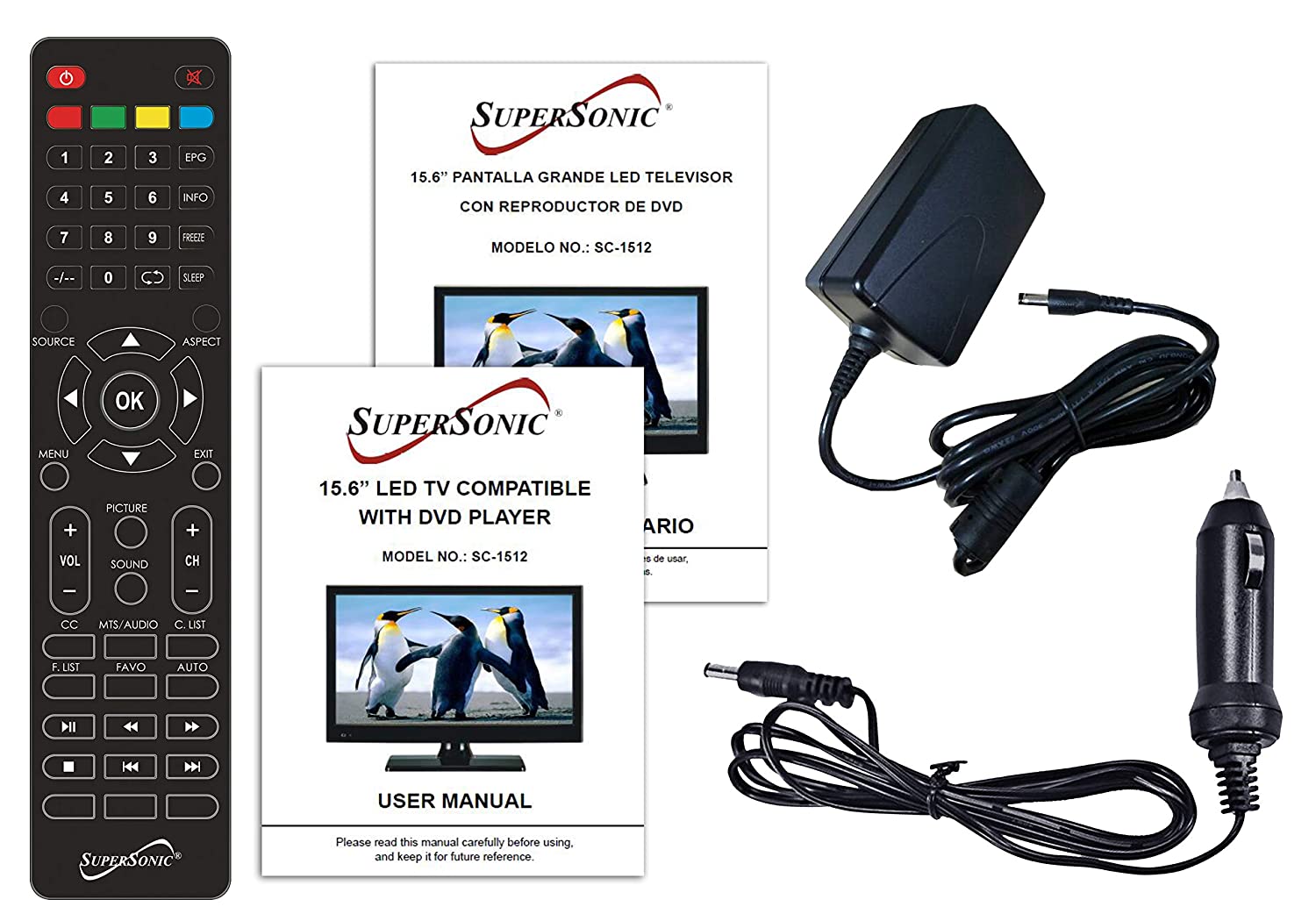 Supersonic 15.6" 12 Volt ACDC LED HDTV with DVD Player, USB, SD Card Reader and HDMI (SC-1512)