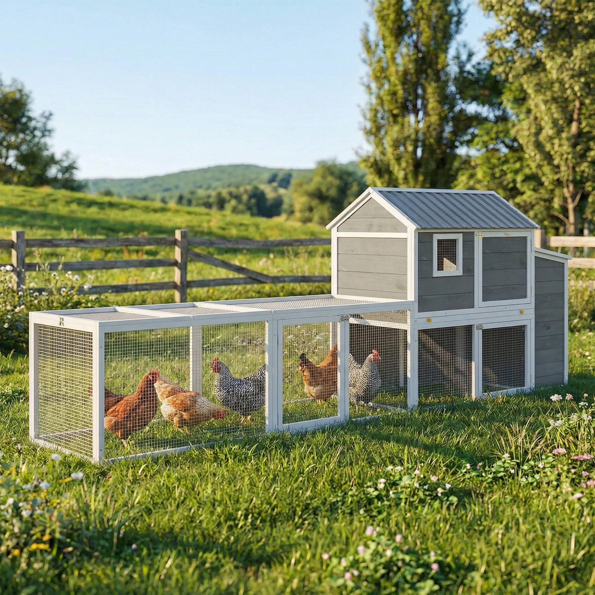 134" Large Wooden Chicken Coop with Run & Nesting Box