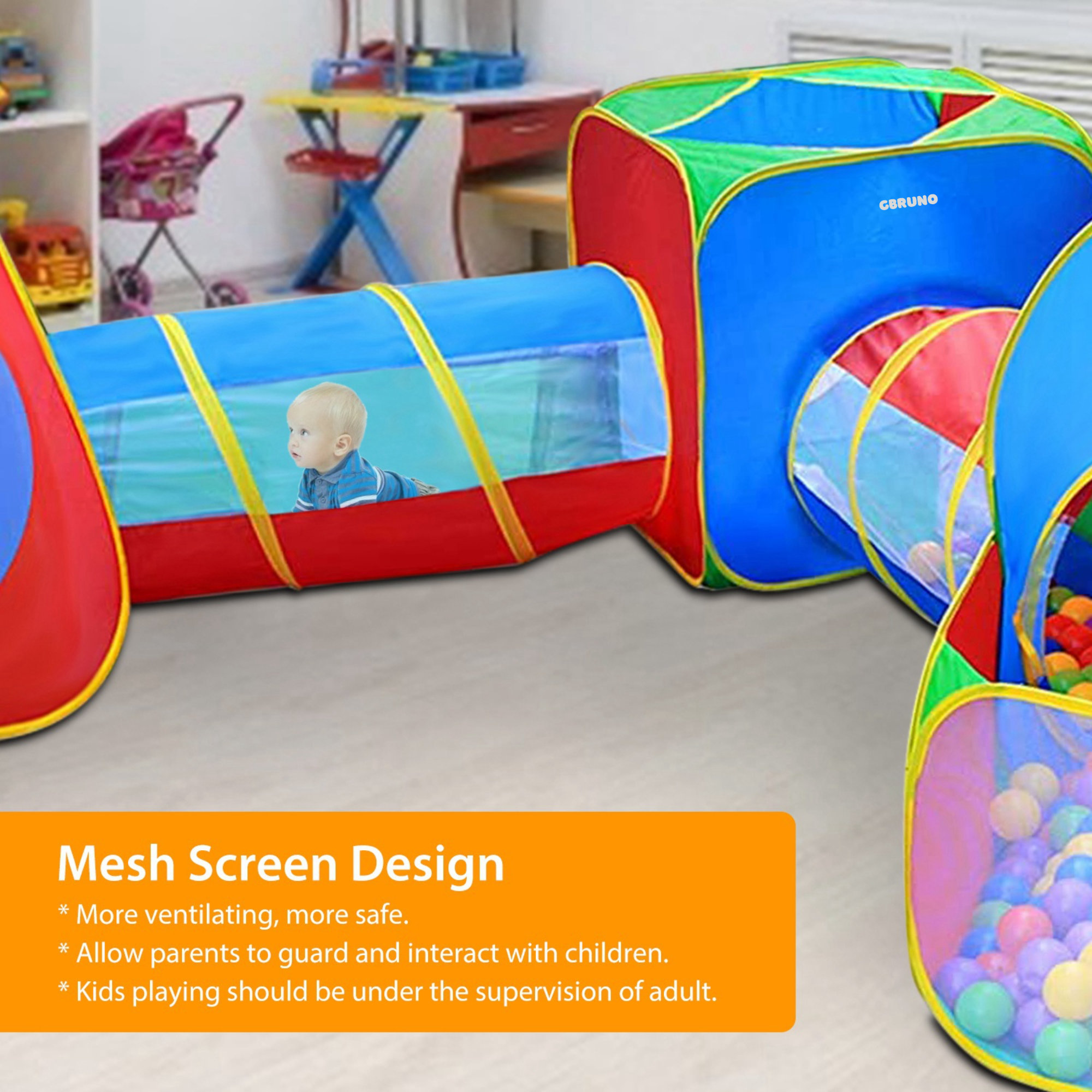 5Pcs Kids Ball Pit Tents Pop Up Playhouse w/ 2 Crawl Tunnel & 2 Tent For Boys Girls Toddlers Preschool Children Indoor Outdoor