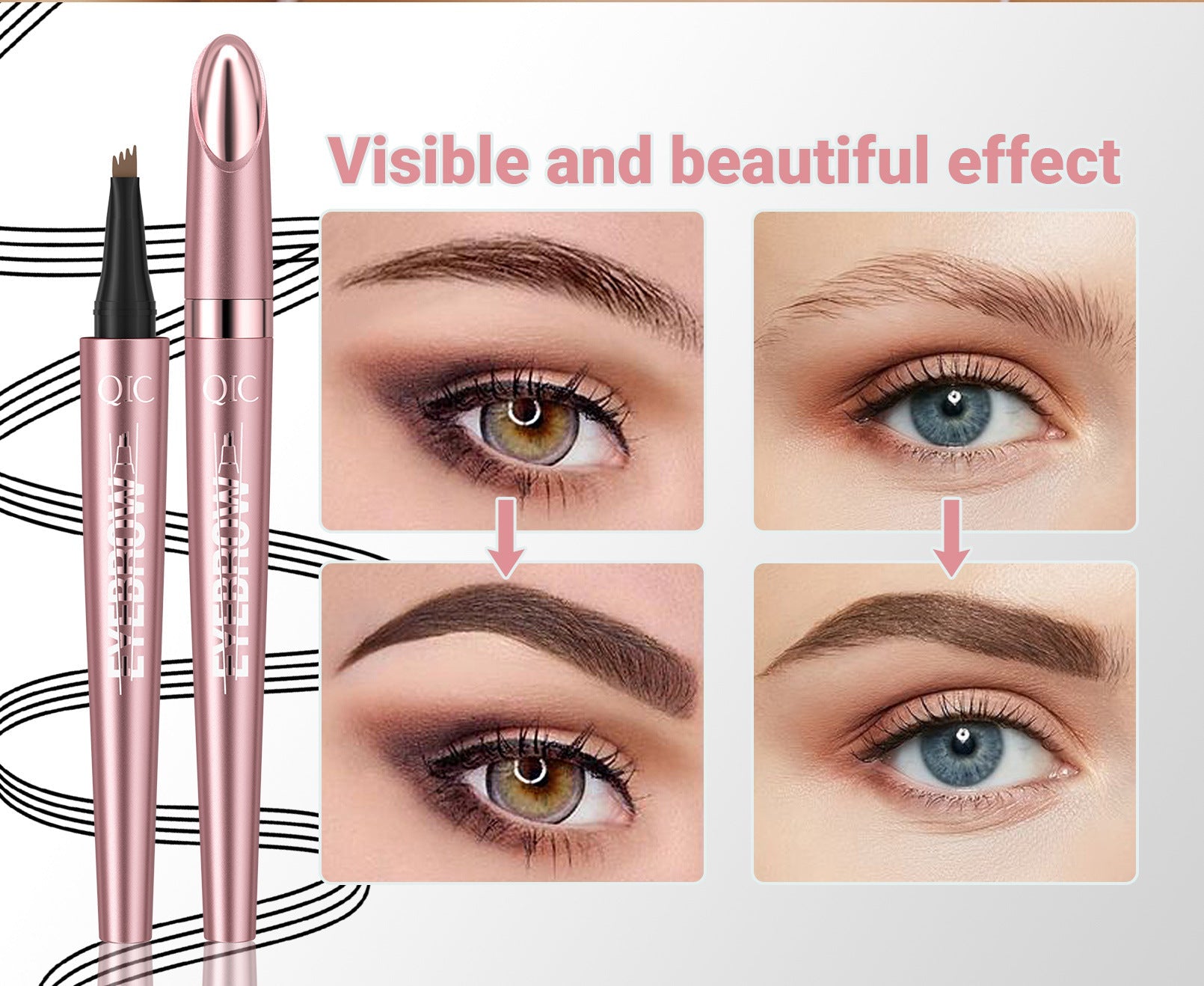 Waterproof 4-Fork Liquid Eyebrow Pencil — No Smudge, 6 Shades + Sets