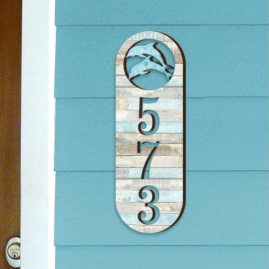 Beach House Numbers - Coastal Cottage Numbers Sign - Dolphins Wooden House Door Plaque - Custom Home Address Sign MA989812