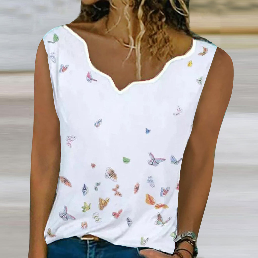 Butterfly Print Sleeveless V-Neck Top – White
