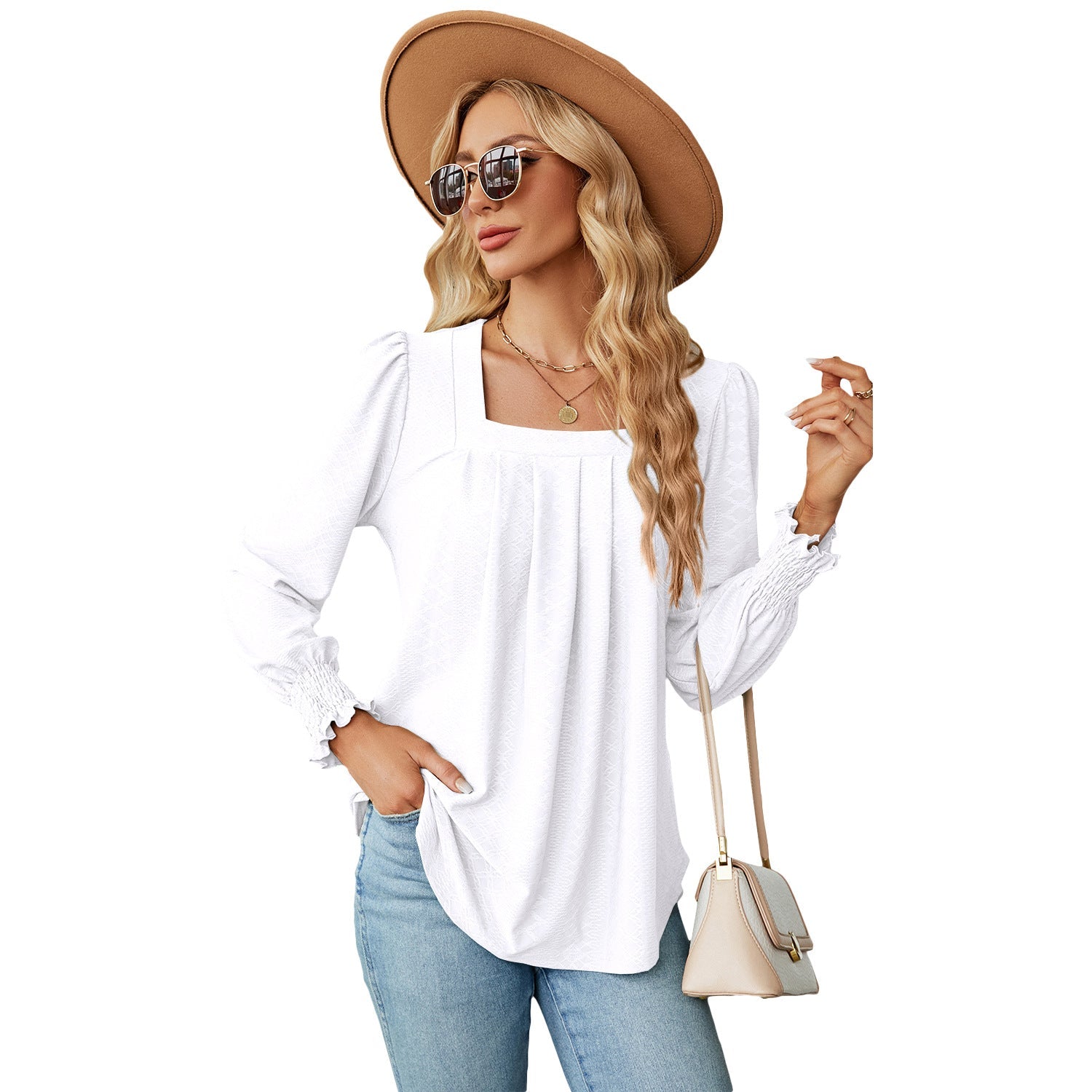 Women’s Jacquard Pleated Square Collar Swallowtail Top – Long Sleeve