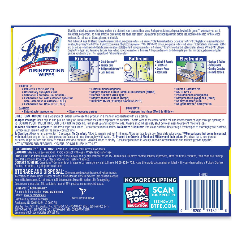LYSOL Disinfecting Wipes, 7 x 7.25, Lemon and Lime Blossom, 80 Wipes/Canister