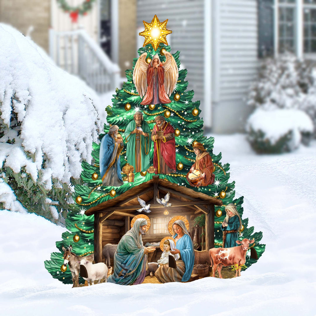 Nativity-Themed Christmas Tree Outdoor Indoor Decor Wooden Christmas Decoration by G. Debrekht Christmas Decor - 8191503-3F