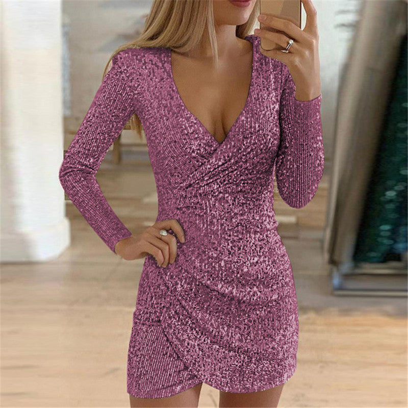 Women’s V-Neck Long Sleeve Dress – Irregular Hem Solid Color