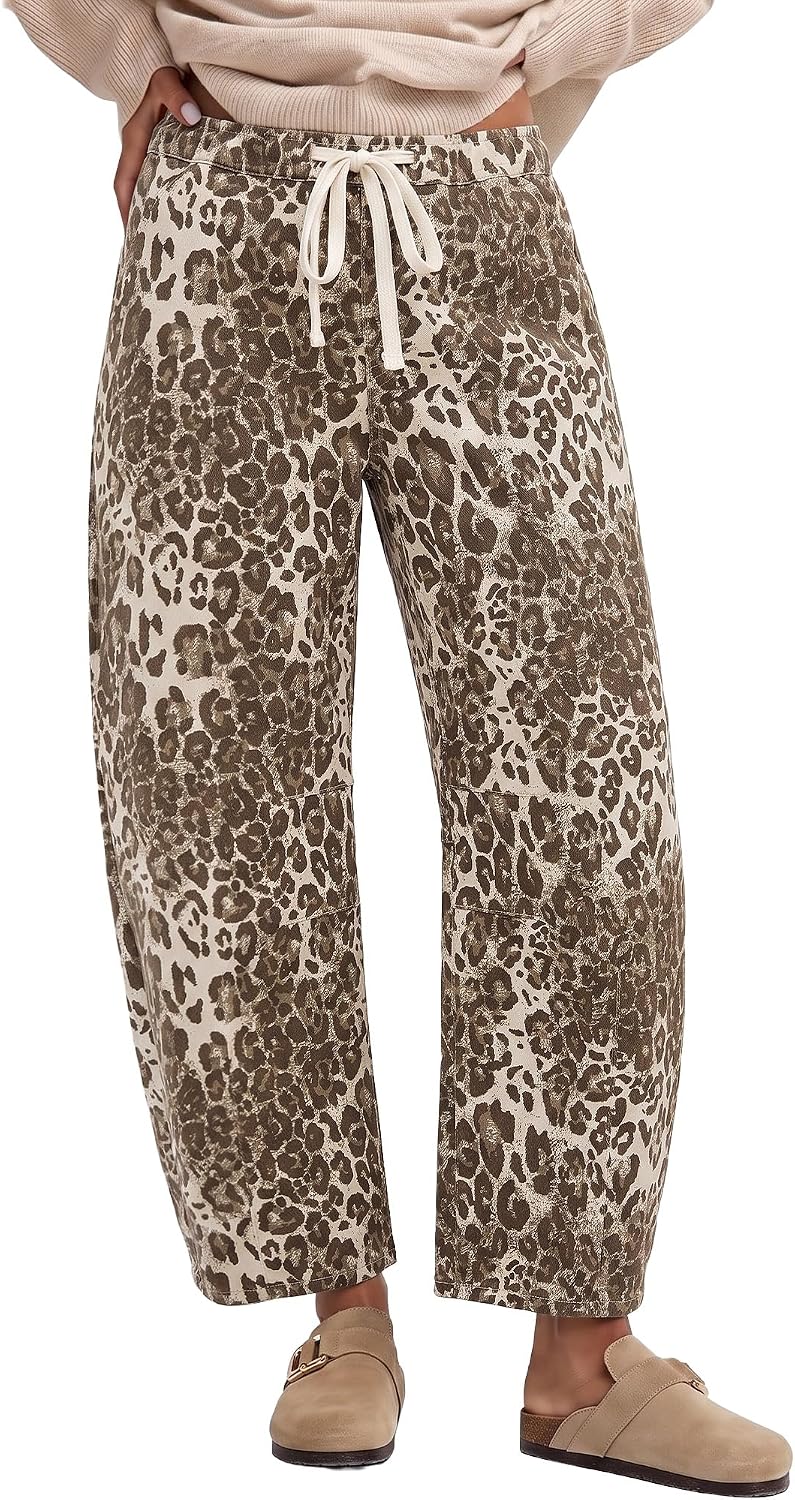 GRAPENT Barrel Jeans for Women Trendy High Waisted Pull On Wide Leg Cropped Leopard Cheetah Print Stretchy Denim Pants