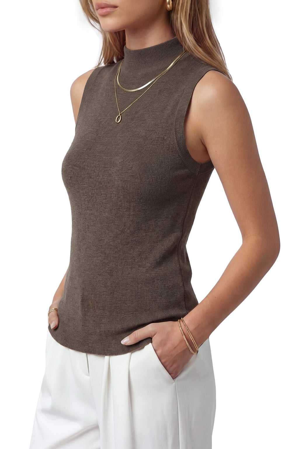 Arach&Cloz Women's Wool Blend Mock Neck Fall Business Casual Sweater Tank