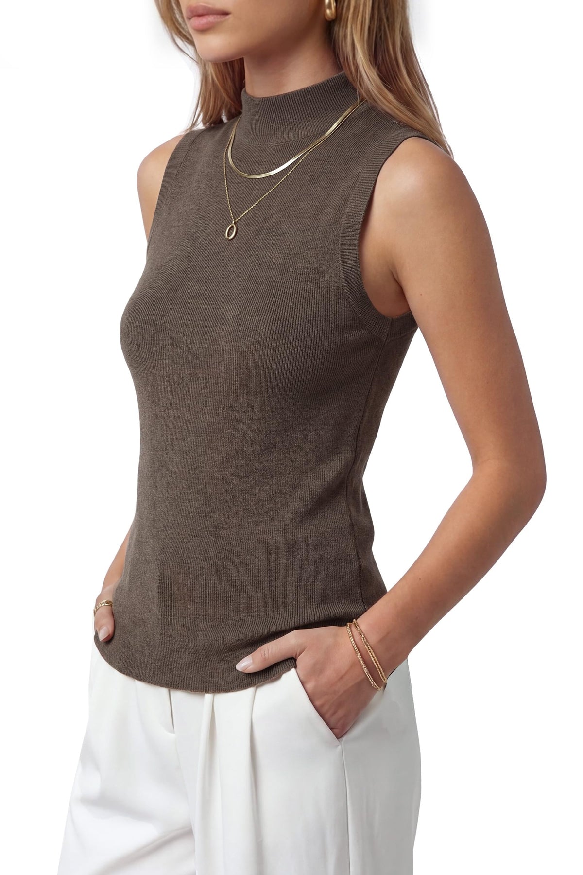 Arach&Cloz Women's Wool Blend Mock Neck Fall Business Casual Sweater Tank