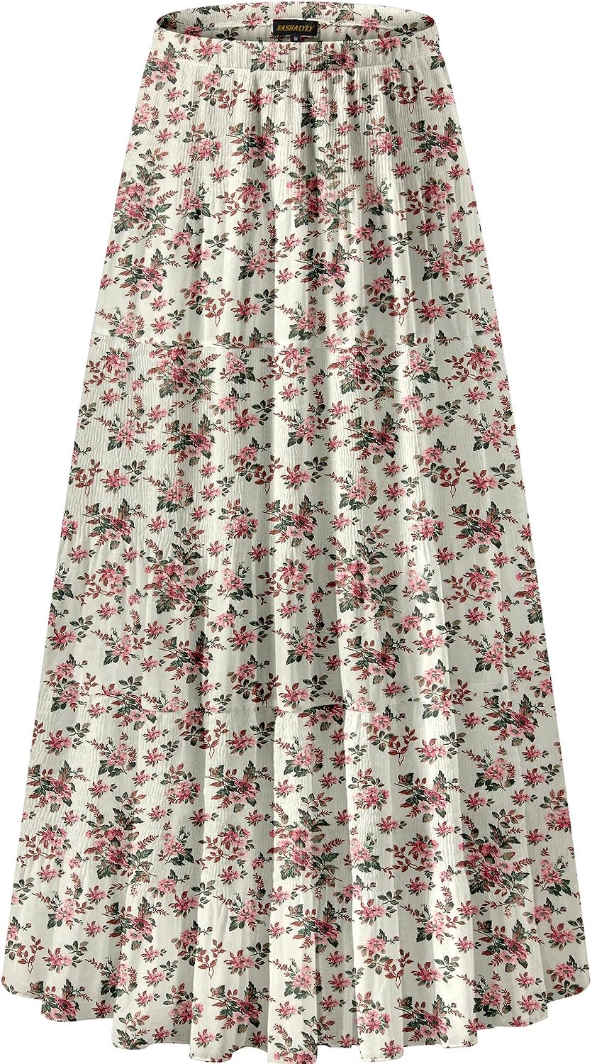 NASHALYLY Women's Chiffon Elastic High Waist Pleated A-Line Maxi Skirts