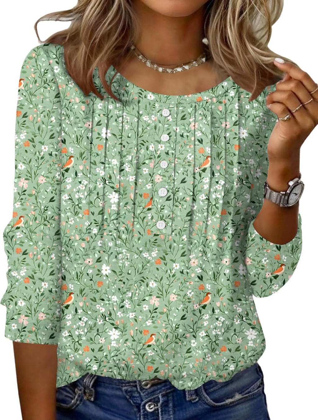 Zeagoo 3/4 Length Sleeve Womens Tops Round Neck Casual Summer Tunic Tops Basic Tees Blouses Dressy T-Shirts Pleated Shirts