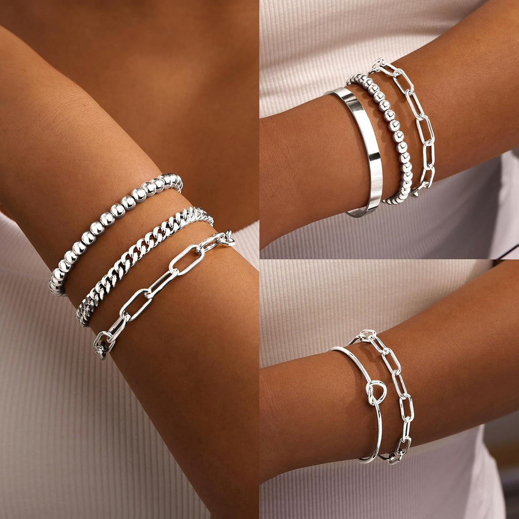 Gokeey Gold Bracelets Set for Women Non Tarnish, Waterproof 14K Gold Plated Sterling Silver Chunky Cuff Bracelet Stackable Gold Bangles Bracelet for Women Trendy Fashion Accessories Tie Knot Cuban Rope Paperclip Beaded Bracelet Stack Jewelry Mothers Day G