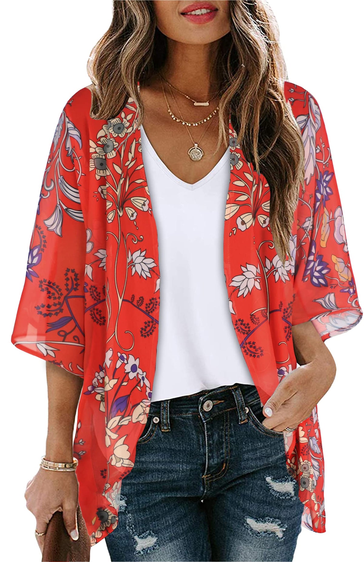 CHICGAL Womens Floral Kimono Cardigan Beach Cover Up Casual Summer Tops