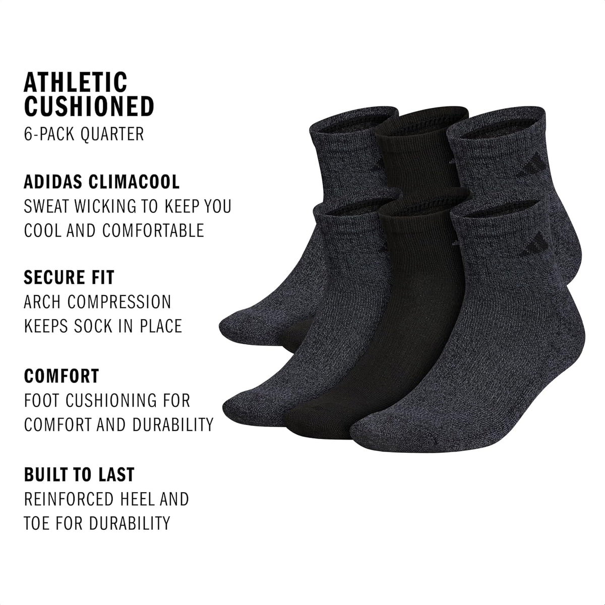 adidas Men's Athletic Cushioned Quarter Ankle Socks 6 Pairs