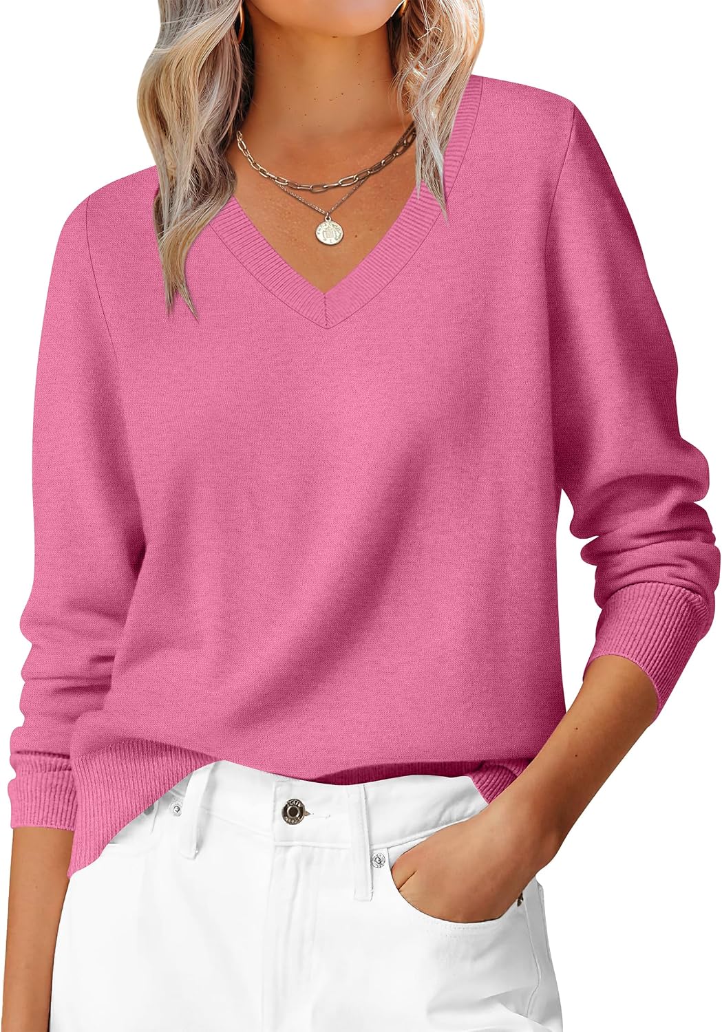 ANRABESS Women’s Fall Long Sleeve V Neck Lightweight Sweaters Top