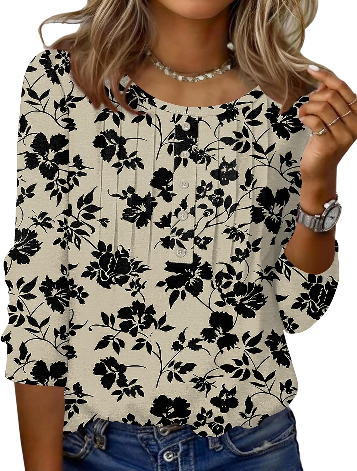 Zeagoo 3/4 Length Sleeve Womens Tops Round Neck Casual Summer Tunic Tops Basic Tees Blouses Dressy T-Shirts Pleated Shirts