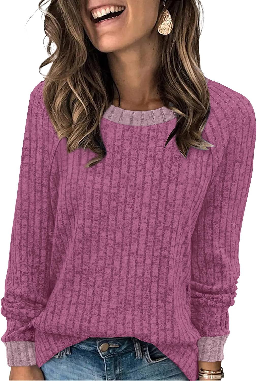 WIHOLL Long Sleeve Shirts for Women Lightweight Sweaters Fall Outfits 2026 Color Block Winter Clothing Dressy Casual Soft
