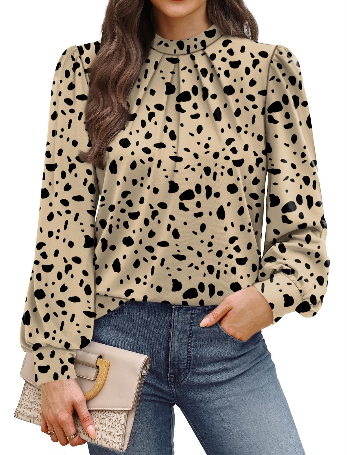 WIHOLL Long Sleeve Shirts for Women Mock Neck Tops Pleated Front Blouses Dressy Casual Spring Fall Clothes 2026 Fashion