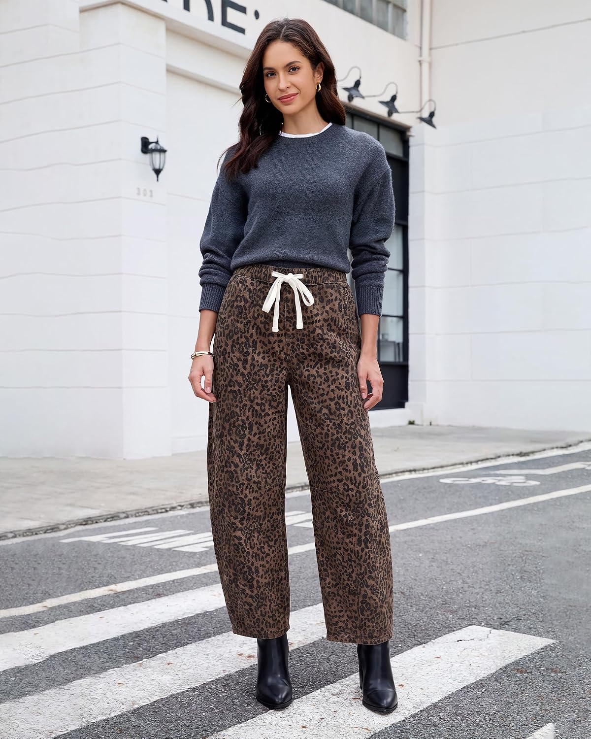 GRAPENT Barrel Jeans for Women Trendy High Waisted Pull On Wide Leg Cropped Leopard Cheetah Print Stretchy Denim Pants