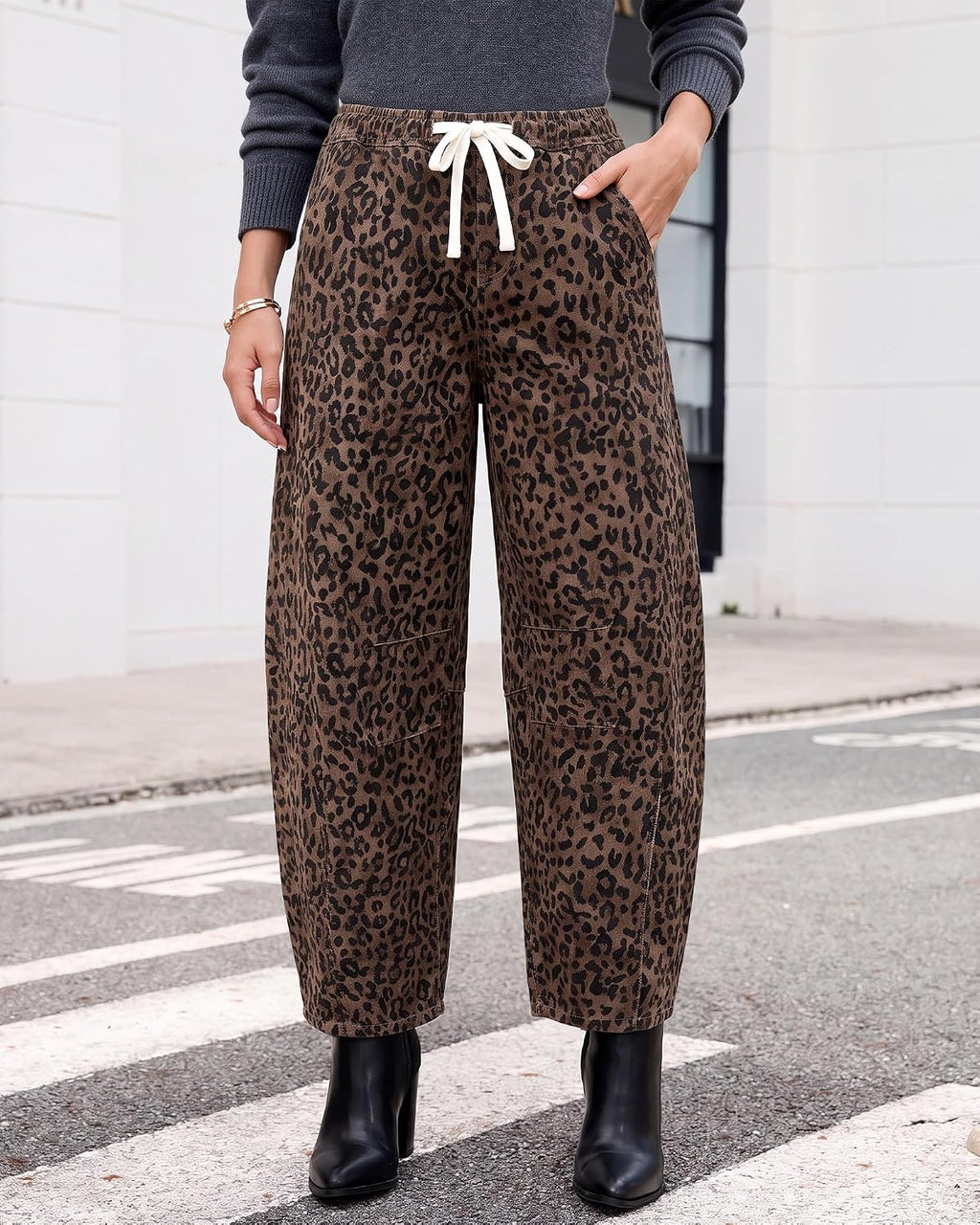 GRAPENT Barrel Jeans for Women Trendy High Waisted Pull On Wide Leg Cropped Leopard Cheetah Print Stretchy Denim Pants