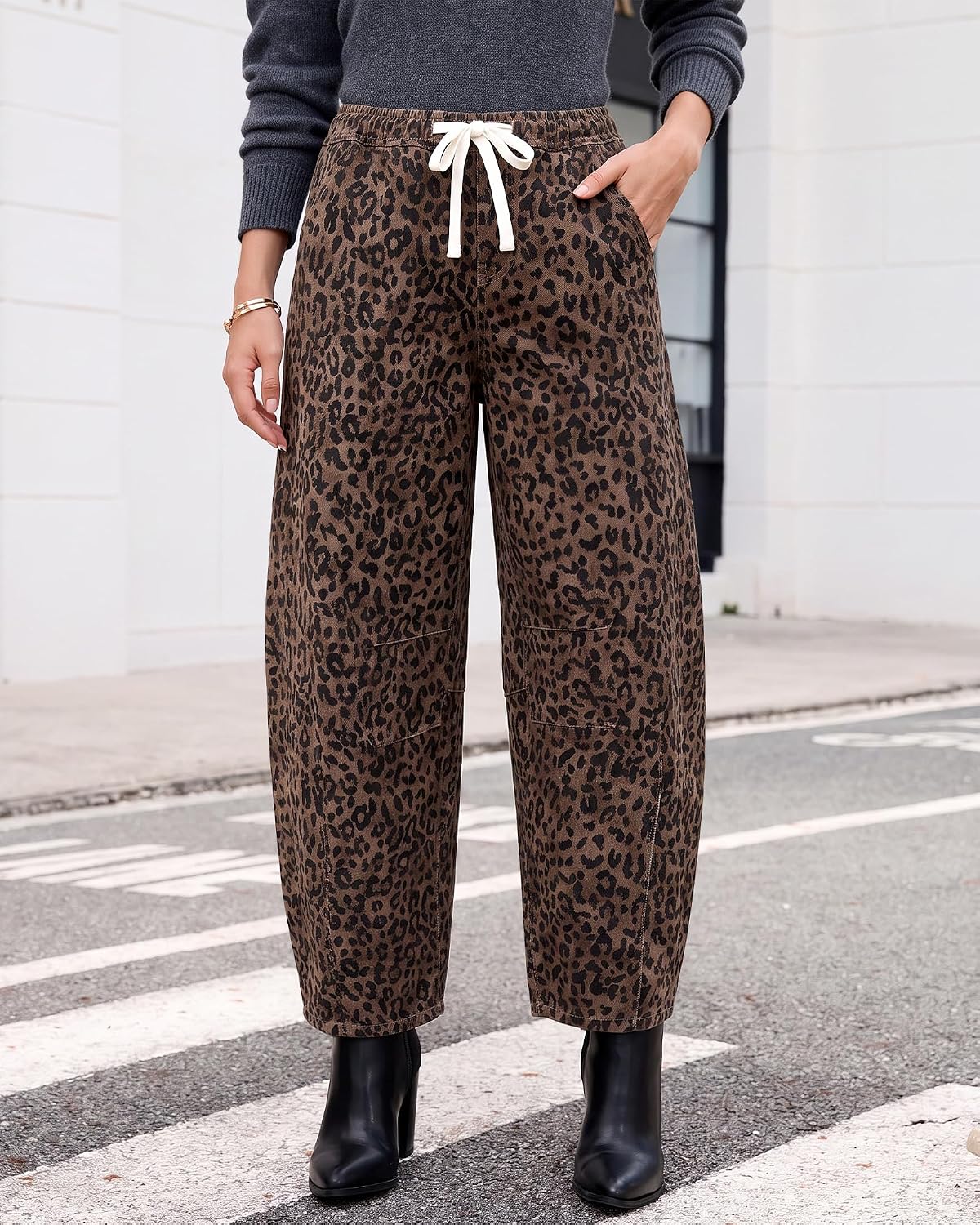 GRAPENT Barrel Jeans for Women Trendy High Waisted Pull On Wide Leg Cropped Leopard Cheetah Print Stretchy Denim Pants