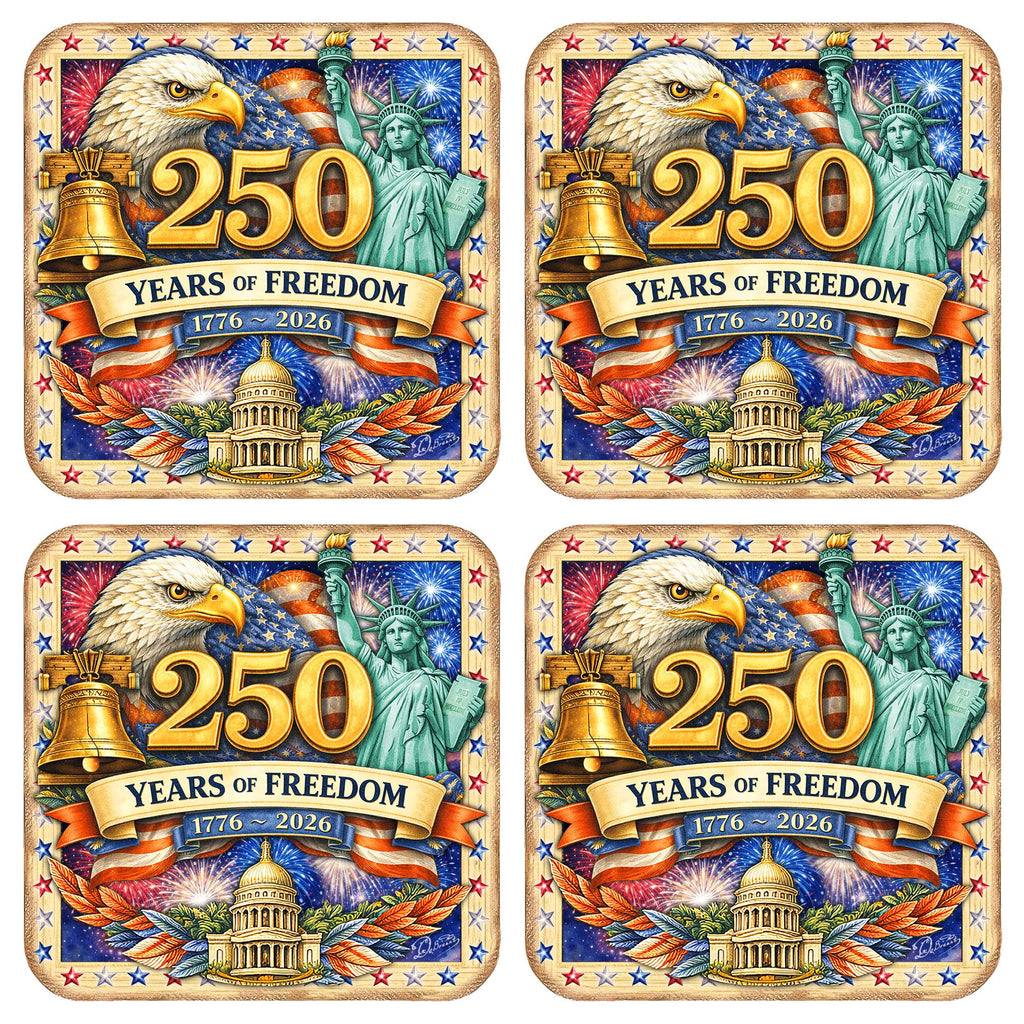 250 Years of Freedom Patriotic Coaster Set – USA Eagle Wooden Drink Coasters Set of 4  - 8199476C-S4