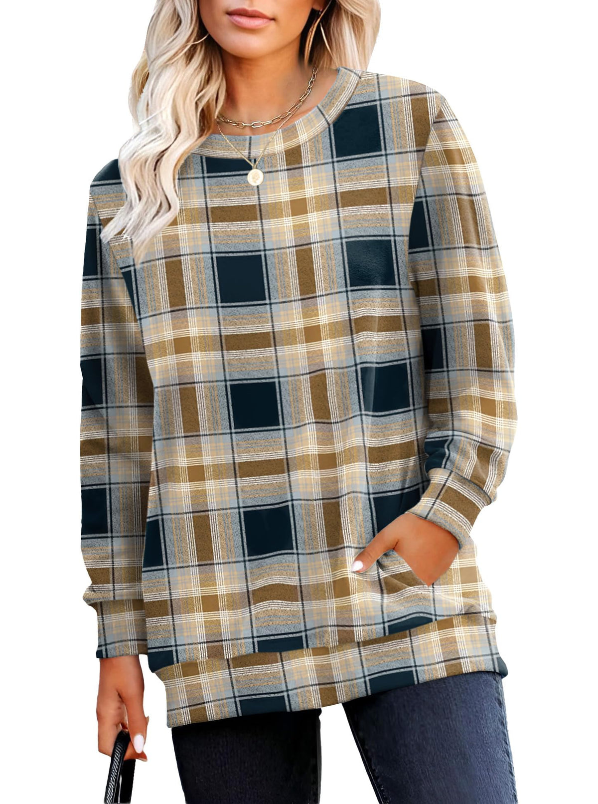 RUMIA Crewneck Fall Sweatshirt for Women Plain Long Sleeve Top with Pocket