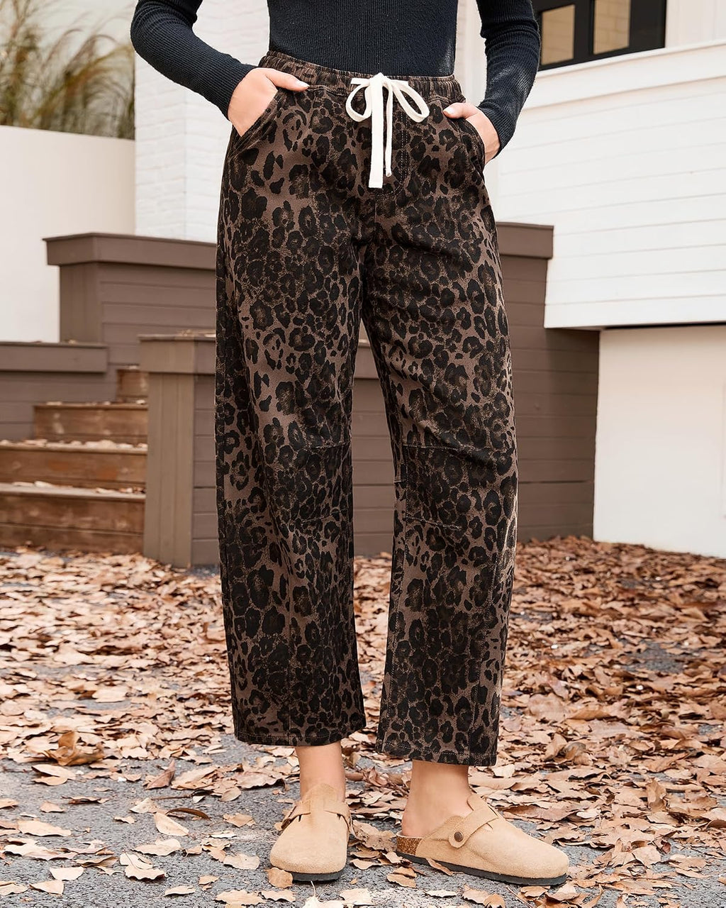 GRAPENT Barrel Jeans for Women Trendy High Waisted Pull On Wide Leg Cropped Leopard Cheetah Print Stretchy Denim Pants