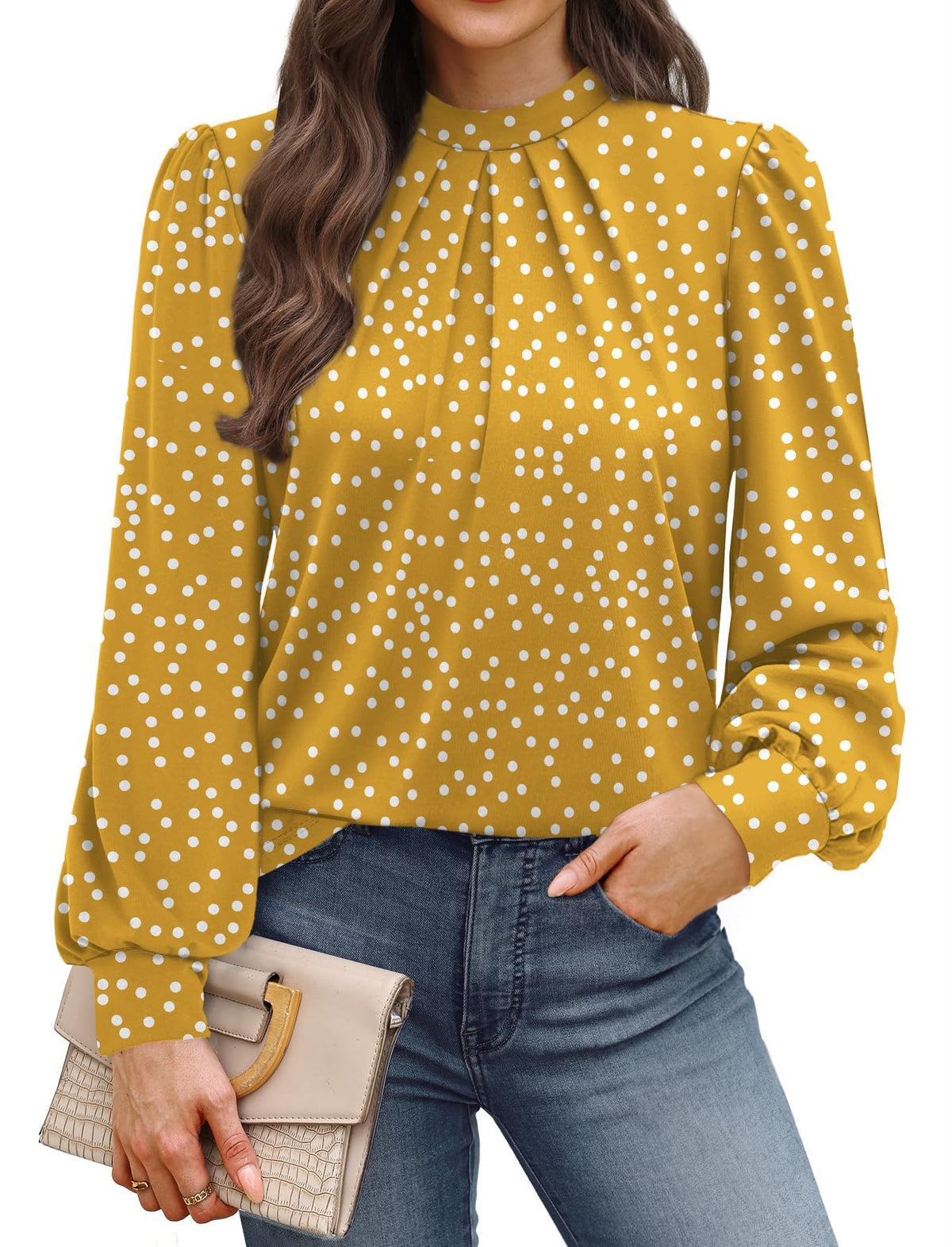 WIHOLL Long Sleeve Shirts for Women Mock Neck Tops Pleated Front Blouses Dressy Casual Spring Fall Clothes 2026 Fashion