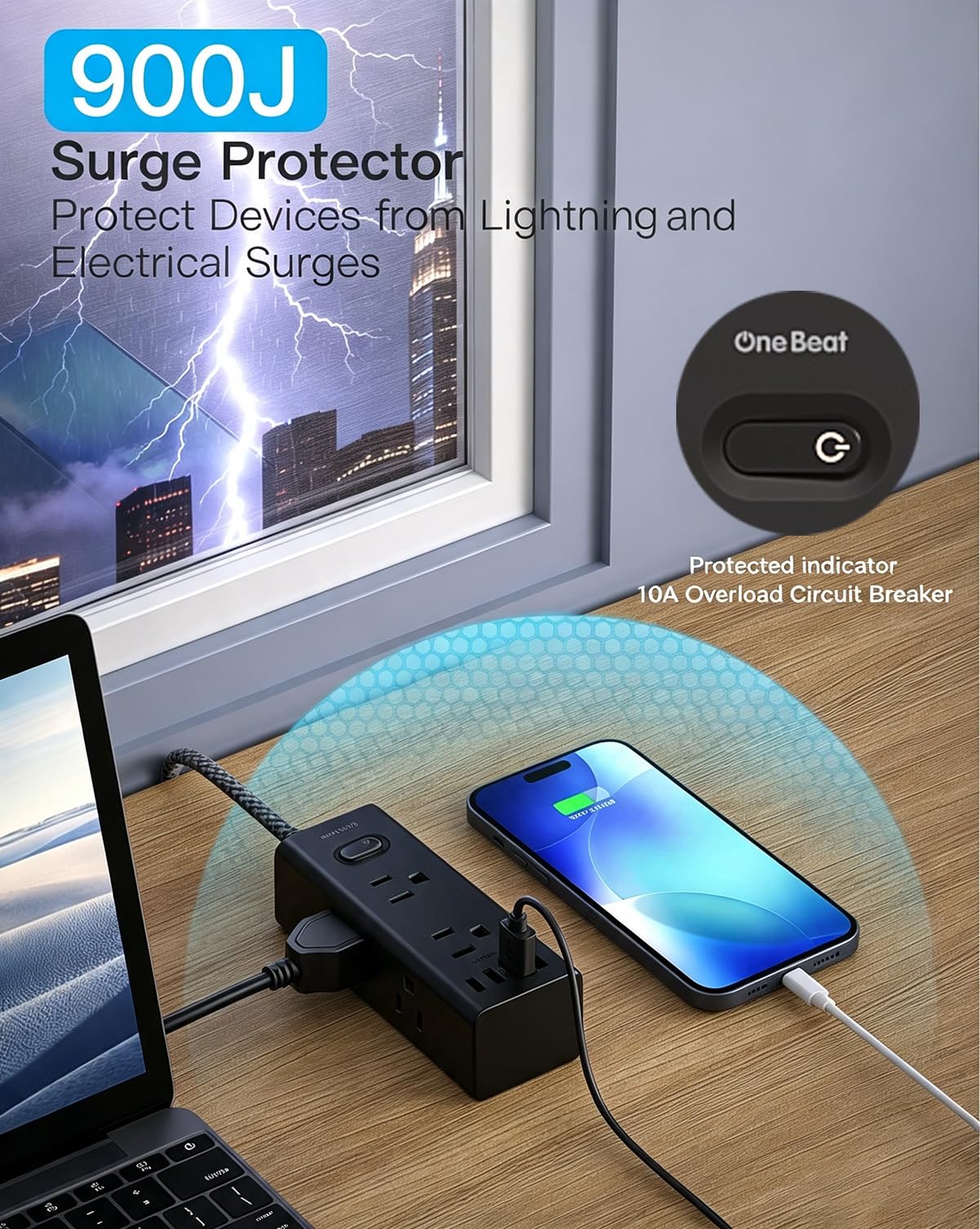 Surge Protector Power Strip 10Ft Long Extension Cord with Multiple Outlets