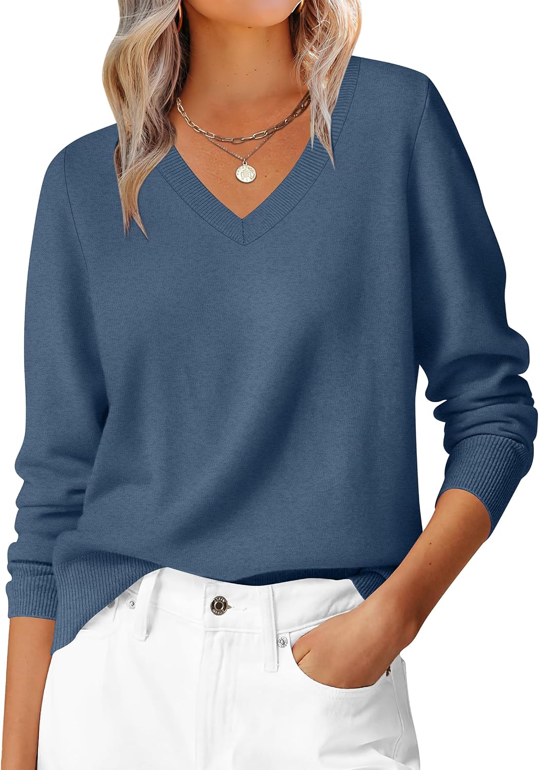 ANRABESS Women’s Fall Long Sleeve V Neck Lightweight Sweaters Top