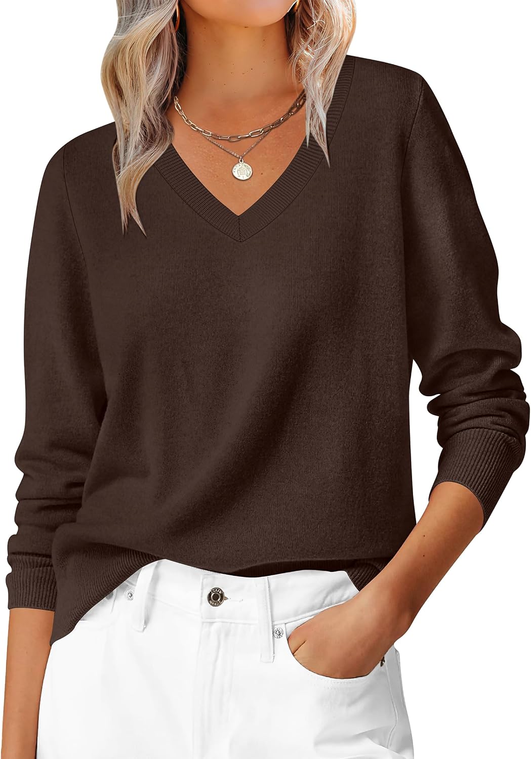 ANRABESS Women’s Fall Long Sleeve V Neck Lightweight Sweaters Top