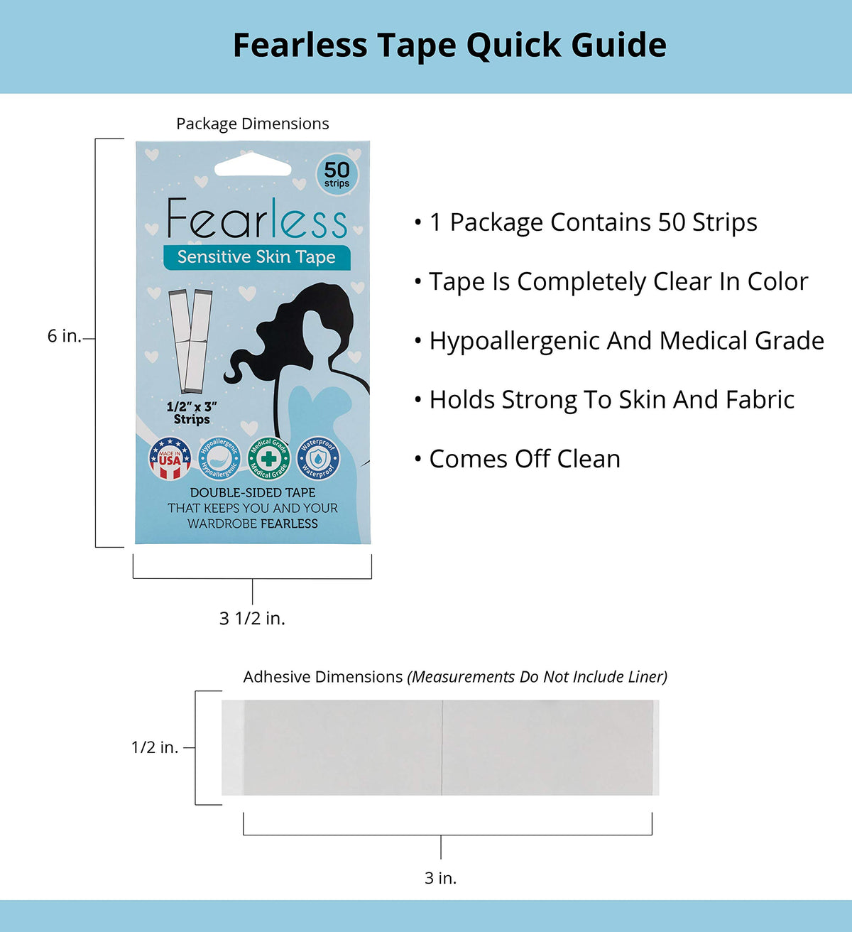 Fearless Tape Double Sided Fashion Tape, Delicate Fabrics, 50 Strips
