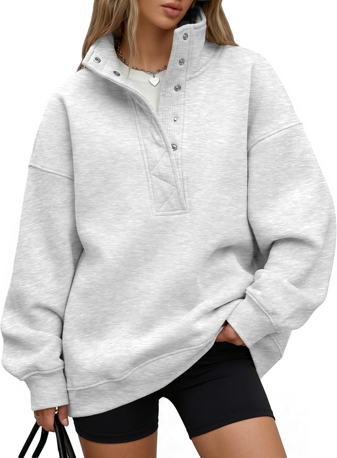 Trendy Queen Womens Oversized Sweatshirts with Snap Button Henley Collar