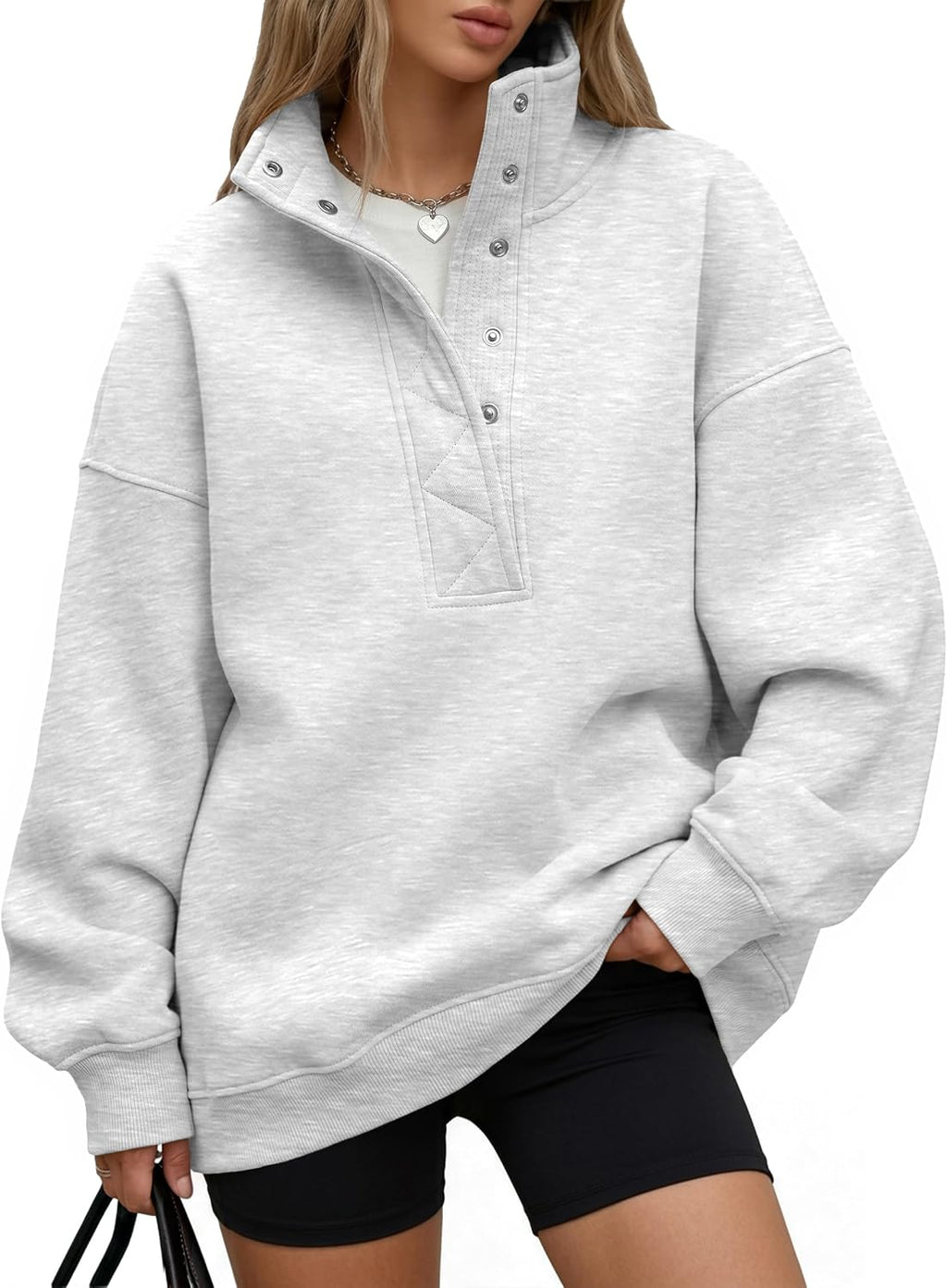 Trendy Queen Womens Oversized Sweatshirts with Snap Button Henley Collar