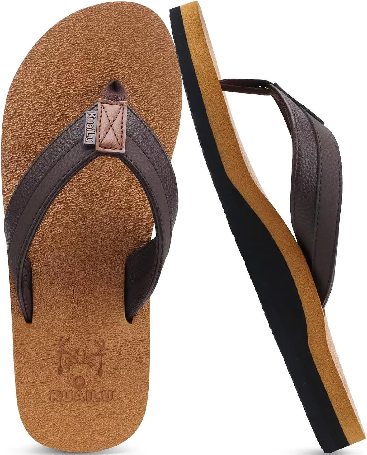 KuaiLu Mens Faux Leather Flip Flops with Comfortable Arch Support