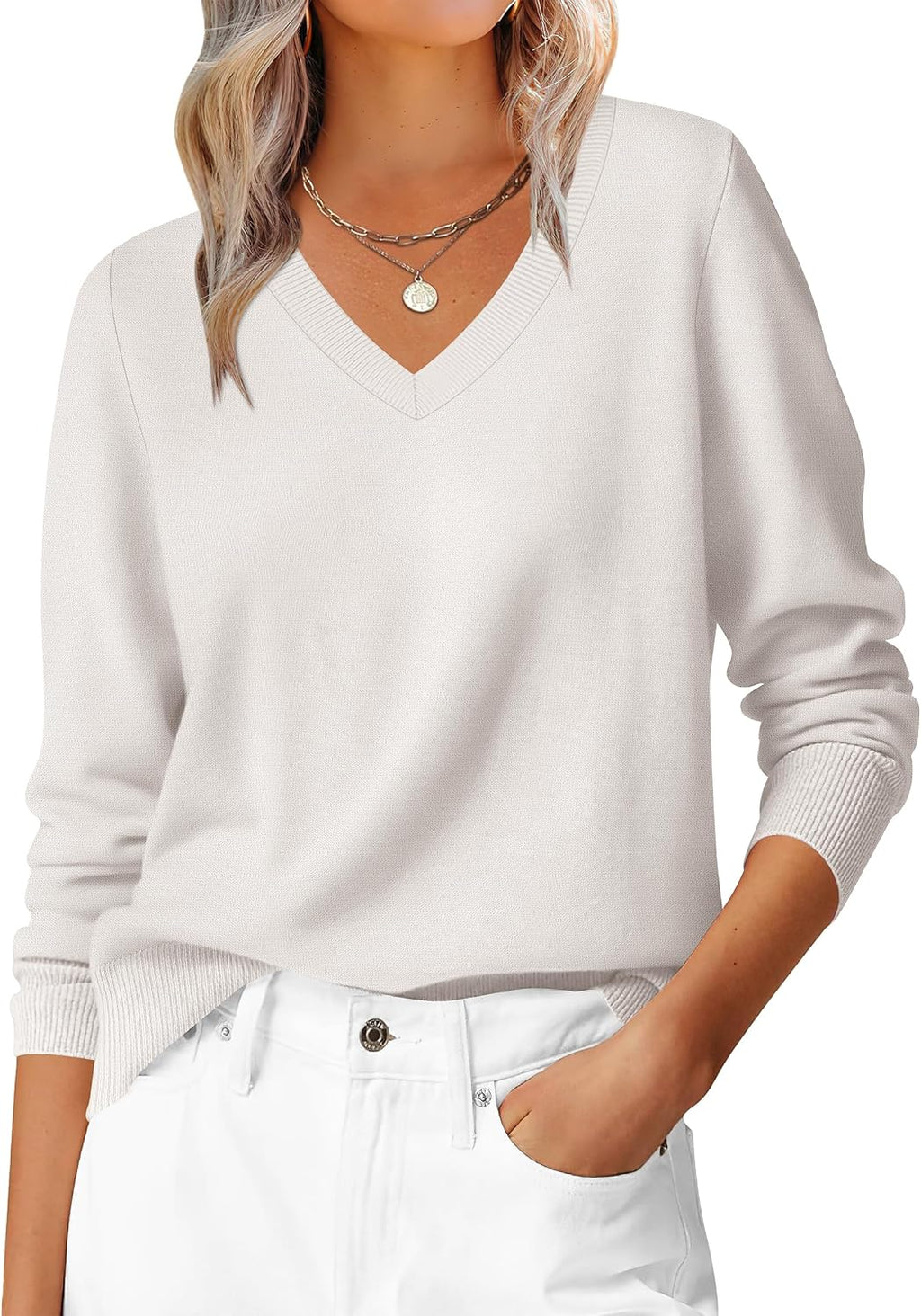 ANRABESS Women’s Fall Long Sleeve V Neck Lightweight Sweaters Top