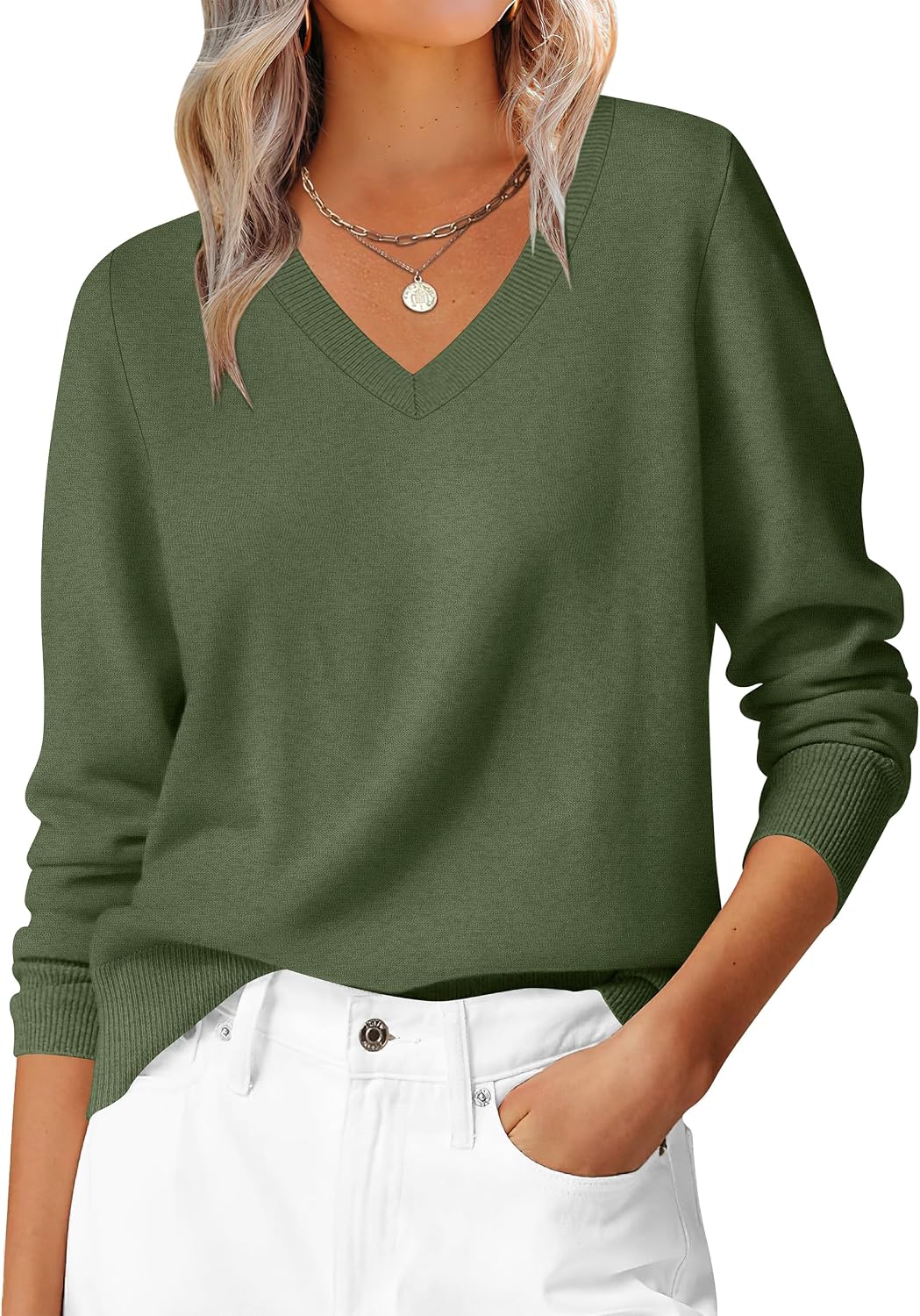 ANRABESS Women’s Fall Long Sleeve V Neck Lightweight Sweaters Top