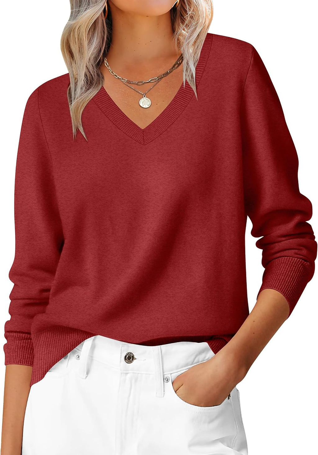 ANRABESS Women’s Fall Long Sleeve V Neck Lightweight Sweaters Top