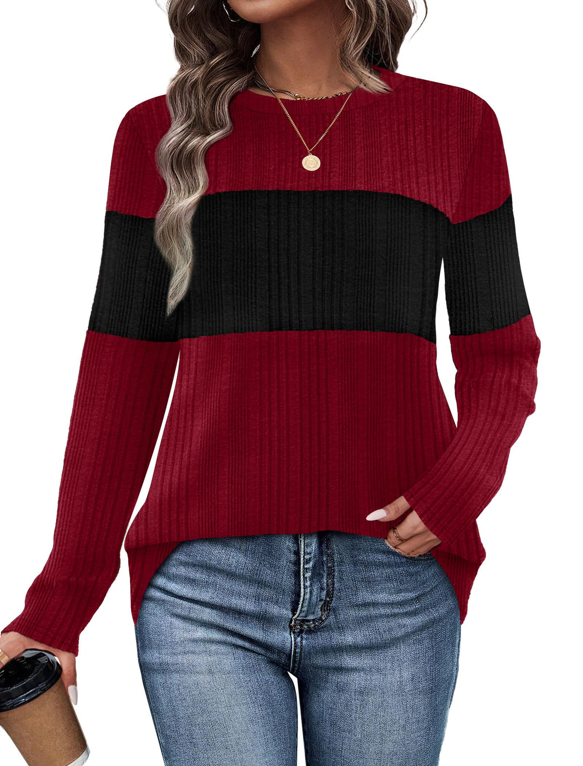 WIHOLL Womens Sweaters Trendy Color Block Tops Long Sleeve Shirts Fall Outfits Early Fall Fashion 2026 Winter Clothing