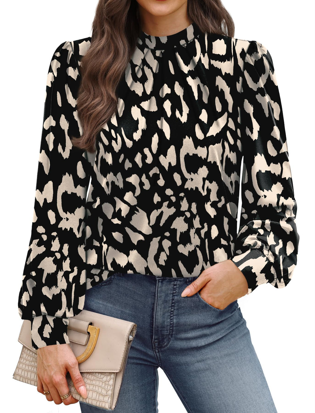 WIHOLL Long Sleeve Shirts for Women Mock Neck Tops Pleated Front Blouses Dressy Casual Spring Fall Clothes 2026 Fashion