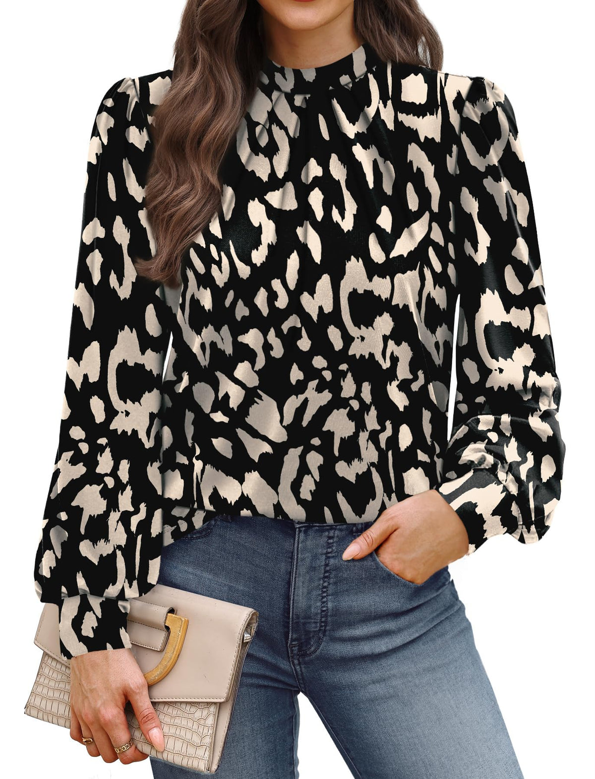 WIHOLL Long Sleeve Shirts for Women Mock Neck Tops Pleated Front Blouses Dressy Casual Spring Fall Clothes 2026 Fashion