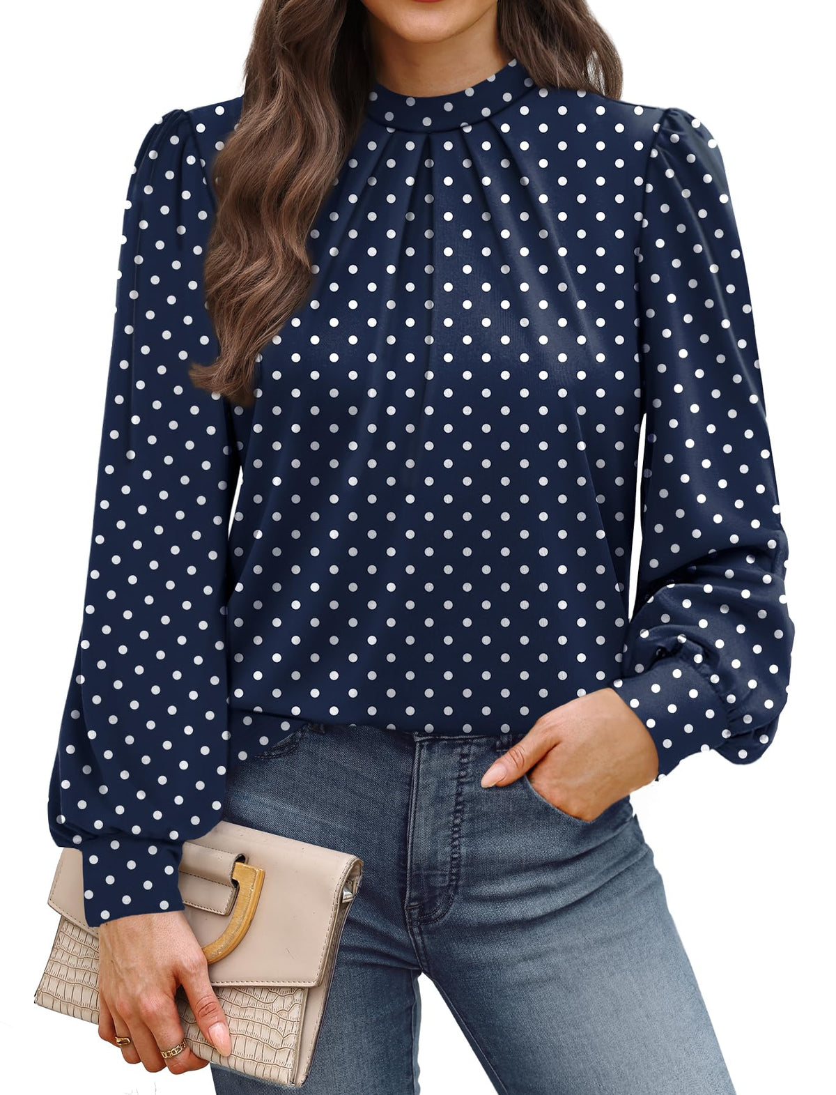WIHOLL Long Sleeve Shirts for Women Mock Neck Tops Pleated Front Blouses Dressy Casual Spring Fall Clothes 2026 Fashion