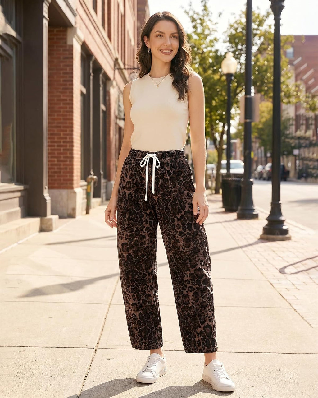 GRAPENT Barrel Jeans for Women Trendy High Waisted Pull On Wide Leg Cropped Leopard Cheetah Print Stretchy Denim Pants