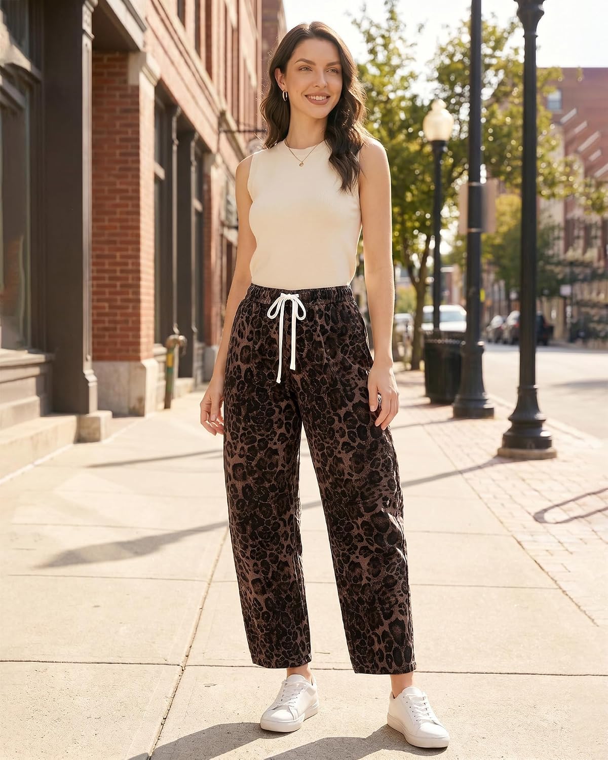 GRAPENT Barrel Jeans for Women Trendy High Waisted Pull On Wide Leg Cropped Leopard Cheetah Print Stretchy Denim Pants