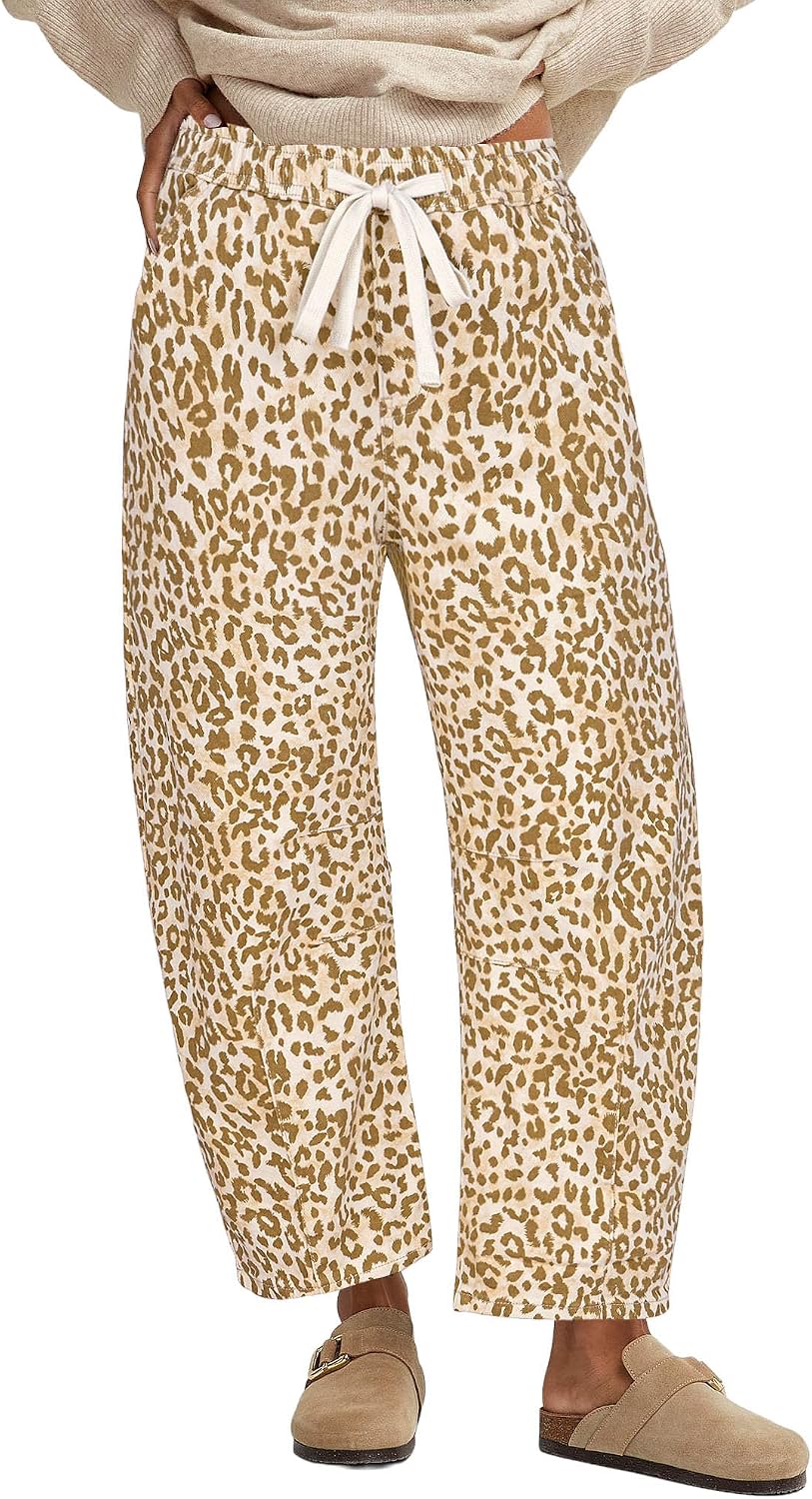 GRAPENT Barrel Jeans for Women Trendy High Waisted Pull On Wide Leg Cropped Leopard Cheetah Print Stretchy Denim Pants