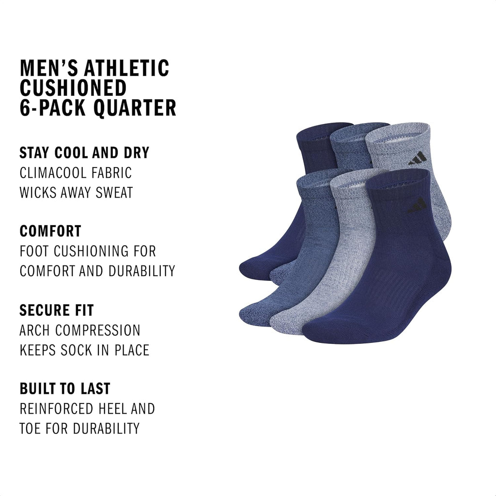 adidas Men's Athletic Cushioned Quarter Ankle Socks 6 Pairs